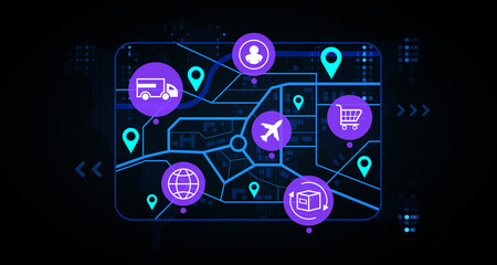Logistics and delivery concept with digital route map and transport icons displayed on a smartphone screen interface against a futuristic background. 3D Rendering