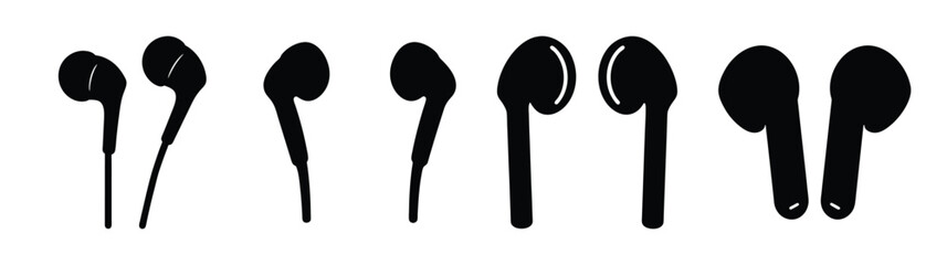 Collectionofsixdifferentstylesofblackearbudsisolatedonashowingvariousdesigns