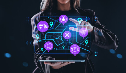 Businesswoman interacting with digital supply chain management i