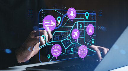 Digital interface showing supply chain management system with logistics icons on futuristic screen over laptop in modern business environment setup.