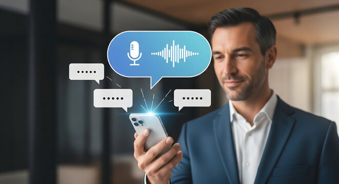 Man interacting with digital voice assistant on smartphone with speech bubbles and sound wave visualization