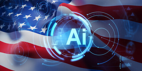 Futuristic AI hologram interface concept over waving American flag background with digital data elements and augmented reality visual effects. 3D Rendering