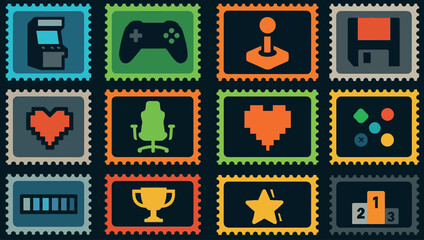 Retro Video Game Icons Pixel Art Stamp Collection Joystick Trophy