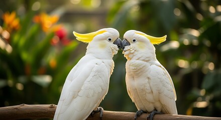 Two beautiful white cockatoos perched on a branch in nature
