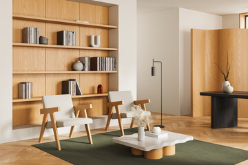 Modern minimalist interior design with wooden furniture, open shelving, and neutral tones in cozy living room space with elegant decor elements. 3D Rendering