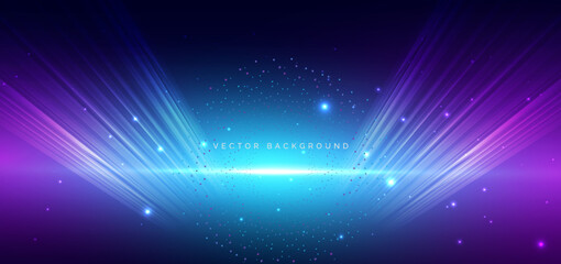 Abstract glowing diagonal lines with motion blur on blue and purple background with dot element decor. Speed movement concept.