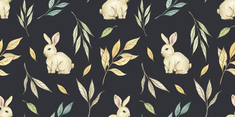 Watercolor seamless pattern with rabbits and branches with leaves. Children's print with cute bunnies. Design for baby textiles, wrapping paper, background or wallpaper.