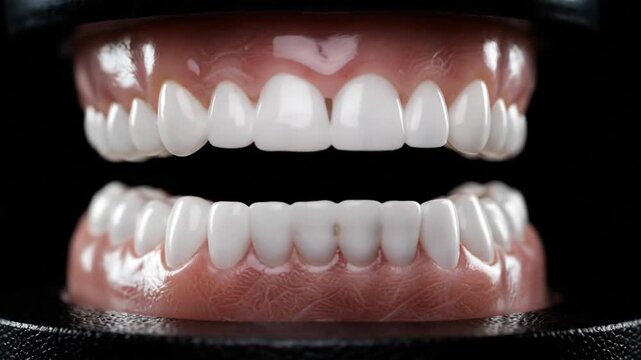 Dental Model Showcasing White Teeth and Pink Gums on Dark Backdrop Perfect for Dentistry Material Presentation and Educational Demonstrations of Orthodontic or Cosmetic Procedures