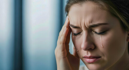 Young caucasian woman with tearful eyes experiencing migraine pain. Unhappy girl suffering from mental stress or headache concept.