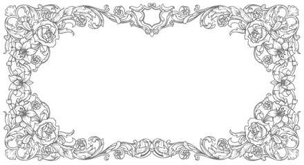 Ornate Rectangular Floral Frame, Detailed Rose and Botanical Corner Design on an Isolated White Background.