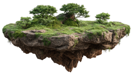 Lush floating island with rocky base and trees