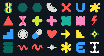 Bold and colorful set of abstract geometric and organic shapes, a collection of y2k inspired design elements for modern branding and graphic projects