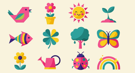 Colorful vector icon set celebrating spring and nature with cute flat illustrations of a sun, flower, butterfly, and bird