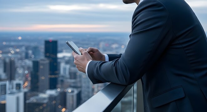 Professional businessman texting on smartphone with modern skyline view