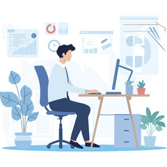 Man working at desk with computer and plants isolated on white background