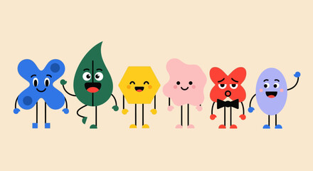 A diverse collection of cute and colorful geometric shape characters with various emotions, standing together as a friendly team