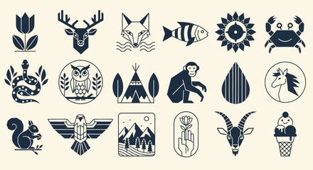 Set of minimalist linear icons with geometric animals and nature symbols. Modern graphic design elements for logos © John