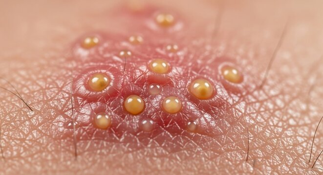 A closeup of a red inflamed patch of skin with many small fluidfilled pustules