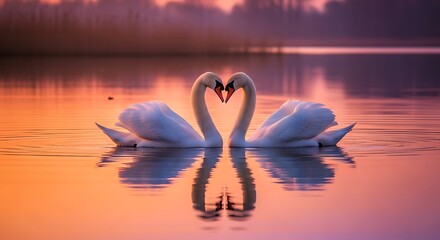 Graceful swans elegantly form a loving heart on a tranquil lake, reflecting the vibrant hues of a romantic sunset