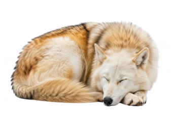 Sleeping wolf png image, canis lupus, wildlife animal, mammal, predator, canine, furry, cute, relaxing, dreamy, isolated on transparent background