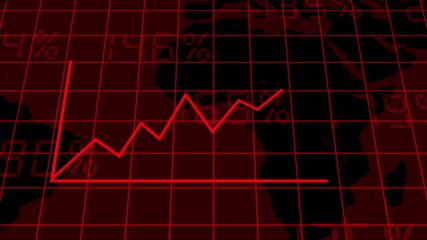 Red Line Graph Showing Fluctuations Over World Map and Digital Data Background chart. Dynamic red line graph over world map and data background highlighting financial and business changes. - Powered by Adobe