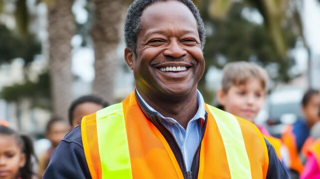 selective focus man guiding children in reflective vest