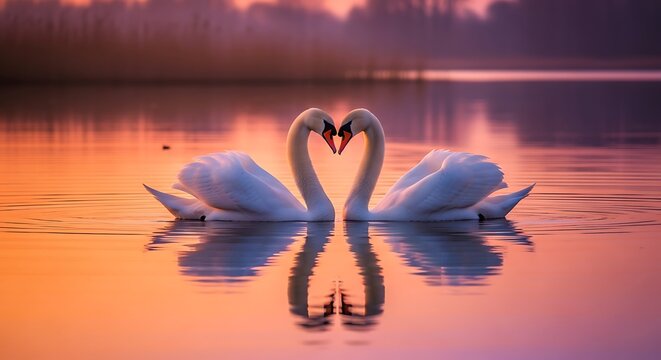 Graceful swans elegantly form a loving heart on a tranquil lake, reflecting the vibrant hues of a romantic sunset