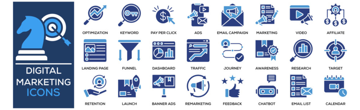 Digital Marketing icon collection set. Containing Design Marketing Strategy, SEO Optimization, Keyword Research, Pay Per Click, Social Media Ads