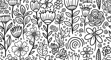 Whimsical Doodle Seamless Floral Pattern with Stylized Flowers and Plants on Isolated White Background
