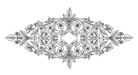 Symmetrical Ornate Floral Decorative Element in Oval Shape on Isolated White Background