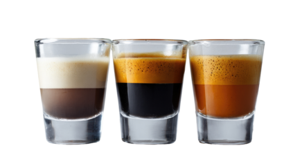 Three espresso drinks in shot glasses