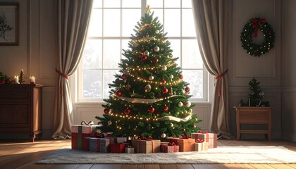 Decorated Christmas tree with decorations, gifts and lights at home