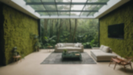 Background blurred Modern open-concept living room with skylight and moss wall, jungle background, morning, bright daylight, 20mm lens, drone pullback motion, Fuji Superia 200 simulation, subject.