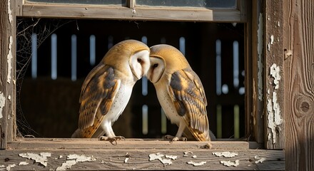 A captivating pair of barn owls affectionately perched together within an old, weathered wooden window frame, sharing an intimate moment of connection amidst rustic charm