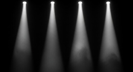 Four spotlights illuminate a dark stage, creating a dramatic atmosphere perfect for concerts or product reveals, evoking anticipation and excitement, great for event promotion