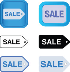Collection of six distinct sale tags and labels in various styles and colors representing retail discounts and promotions