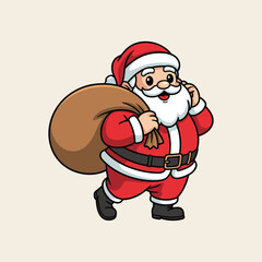 Cute Cartoon Santa Claus Carrying Gift Sack on Beige Background