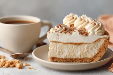 Indulge in the velvety smoothness of creamy cheesecake adorned with whipped topping served alongside a steaming cup of coffee creating a cozy dessert experience