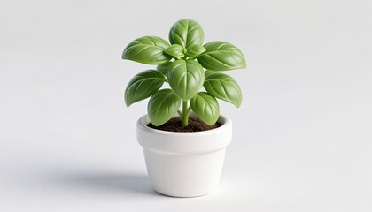 Obraz premium Fresh green basil plant growing in a white pot isolated on white background