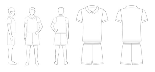 メンズサッカーユニフォームのテンプレート（襟付き・ショートパンツ・前・後・横・平面図）Men's Soccer Uniform Template &ndash; Collared Shirt with Shorts, Front, Back, Side & Flat Views
