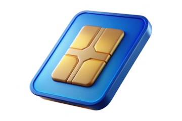 3d rendering of a blue and gold sim card, mobile technology, communication network, wireless connection, cellular data isolated on transparent background