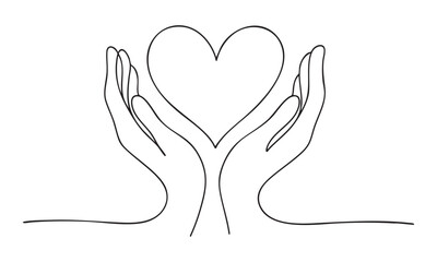Single continuous line of hands holding heart on a white background. Black thin line of the hands with heart.
