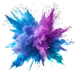Colorful powder explosion with blue and purple dust cloud isolated on white background. Vibrant color burst with flying powder particles, perfect for abstract art, festival and creative design