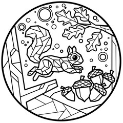 A Squirrel Jumping Forward Acorns in Forest coloring illustration