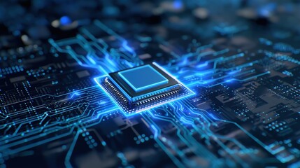 3D render of blue glowing chip on futuristic circuit board background, representing digital technology, data transfer, high-tech innovation, artificial intelligence, electronic system, and advanced co