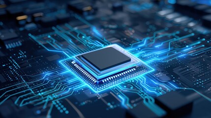 3D render of blue glowing chip on futuristic circuit board background, representing digital technology, data transfer, high-tech innovation, artificial intelligence, electronic system, and advanced co