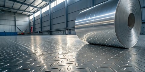 Aluminum metal roll in industrial warehouse with steel floor. Shiny metallic material production in factory hall, perfect for industry, manufacturing and technology design projects