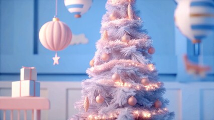 Christmas tree with ornaments and lights in holiday interior. Festive Christmas decoration with glowing tree, baubles and gifts, perfect seasonal background for celebration and design