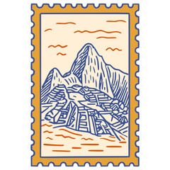 Obraz premium Machu Picchu Peru postage stamp line art vector icon