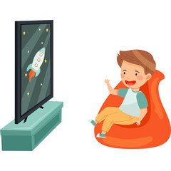 Young Boy Sitting In A Red Beanbag Chair Watching A Rocket Ship On A Television Screen With A White Background